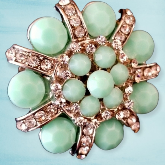 Vintage Aqua Bead and Clear Rhinestone Stretch Ring OS - Picture 2 of 10